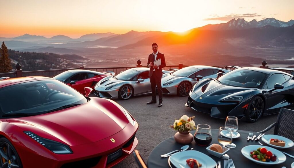 A collection of luxury sports cars parked elegantly on a scenic overlook in Colorado, showcasing a striking red Ferrari, a sleek silver Lamborghini, and a deep blue McLaren. In the foreground, a well-dressed concierge wearing a tailored suit stands beside the cars, holding a clipboard and ready to assist guests. In the middle ground, a sophisticated dining setup can be seen on a table with fine tableware and gourmet dishes, suggesting an exquisite culinary experience. The background features breathtaking Rocky Mountain vistas, with the sun setting to create a golden hour effect, casting a warm glow over the scene. Capture the image with a shallow depth of field and a wide-angle lens to emphasize the luxury atmosphere and make the cars stand out prominently. The overall mood should convey exclusivity, adventure, and indulgence.