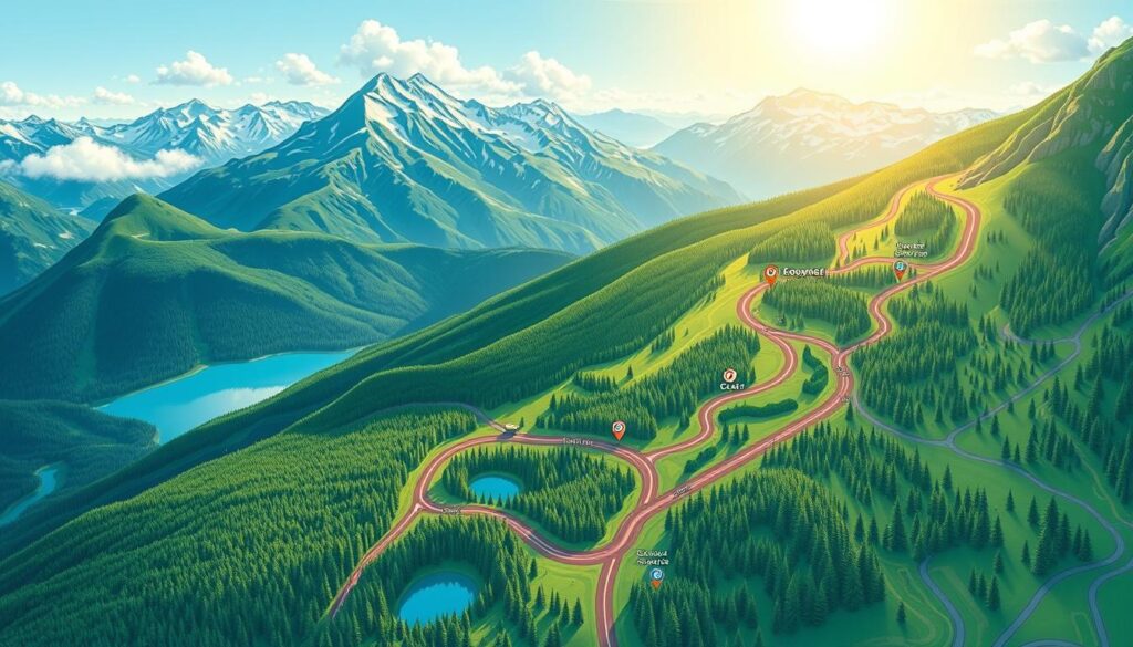 A detailed and artistic map of the Peak to Peak Scenic Highway, showcasing winding roads, dense forests, and majestic mountain ranges in the background. In the foreground, highlight key landmarks such as lakes and scenic viewpoints, with symbols or icons representing points of interest for travelers. Use a vibrant color palette to convey the lush greenery of summer and the bright blues of the sky. The overall mood should be serene yet adventurous, reflecting an exploration theme. The map should be illustrated from a bird's-eye view, with slightly elevated perspective for depth. Illuminate the scene with soft sunlight filtering through clouds, creating a warm and inviting atmosphere. Avoid any text or watermarks to maintain a clean, beautiful design suitable for an article.