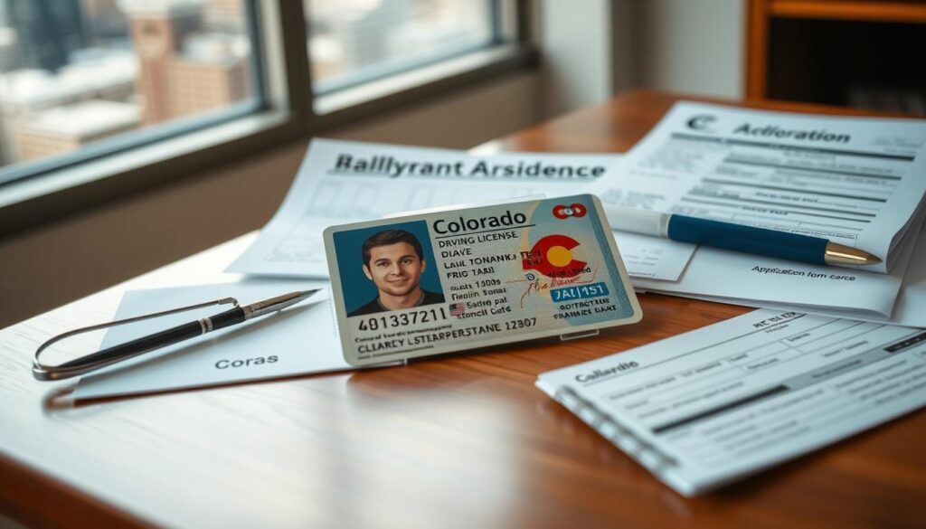 A detailed and realistic still life composition featuring a Colorado driving license alongside various essential documents required for DMV processes, such as proof of residency, identification, and a completed application form. The driving license should be clearly visible, showcasing its distinctive colors, layout, and state seals. Arrange the documents on a polished wooden table, with a focused view that captures textures and details. Soft, natural lighting illuminates the scene from a window to the side, creating a warm and informative atmosphere. In the background, a blurred image of a cityscape suggests a contemporary setting, enhancing the sense of place while keeping the focus on the documentation. The overall mood is organized, professional, and educational, reflecting the importance of understanding DMV requirements. A detailed and realistic still life composition featuring a Colorado driving license alongside various essential documents required for DMV processes, such as proof of residency, identification, and a completed application form. The driving license should be clearly visible, showcasing its distinctive colors, layout, and state seals. Arrange the documents on a polished wooden table, with a focused view that captures textures and details. Soft, natural lighting illuminates the scene from a window to the side, creating a warm and informative atmosphere. In the background, a blurred image of a cityscape suggests a contemporary setting, enhancing the sense of place while keeping the focus on the documentation. The overall mood is organized, professional, and educational, reflecting the importance of understanding DMV requirements.