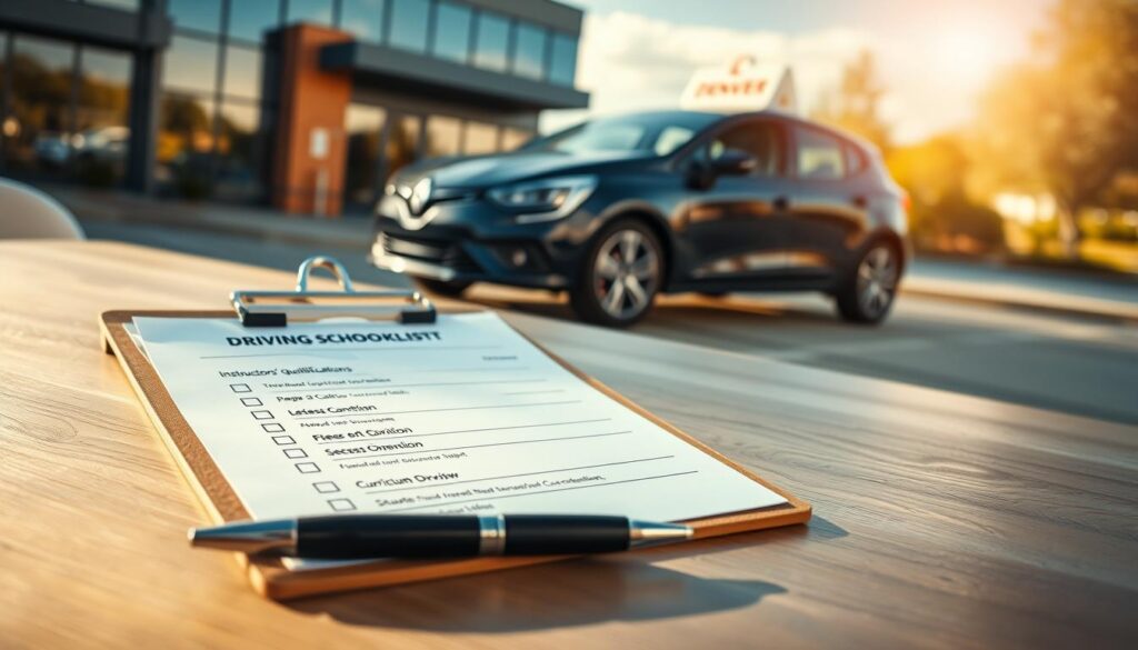 A detailed driving school checklist laid out on a wooden table, featuring a clipboard with neatly organized items such as "Instructors' Qualifications," "Fleet Condition," and "Curriculum Overview." In the foreground, a stylish pen rests beside the checklist, hinting at meticulous planning. In the middle, a soft-focus background showcases a car with a "Student Driver" sign parked in front of a modern driving school building, bathed in warm, natural light from a sunny Denver day. The atmosphere is professional and inviting, suggesting readiness and confidence. The composition should convey clarity and organization, emphasizing the importance of making informed decisions in the context of choosing a driving school. Avoid any text or branding on the checklist itself. A detailed driving school checklist laid out on a wooden table, featuring a clipboard with neatly organized items such as "Instructors' Qualifications," "Fleet Condition," and "Curriculum Overview." In the foreground, a stylish pen rests beside the checklist, hinting at meticulous planning. In the middle, a soft-focus background showcases a car with a "Student Driver" sign parked in front of a modern driving school building, bathed in warm, natural light from a sunny Denver day. The atmosphere is professional and inviting, suggesting readiness and confidence. The composition should convey clarity and organization, emphasizing the importance of making informed decisions in the context of choosing a driving school. Avoid any text or branding on the checklist itself.