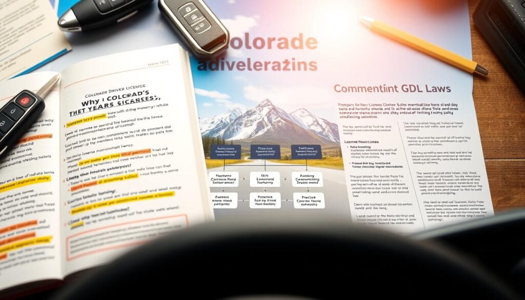 A detailed infographic illustrating Colorado's Graduated Driver Licensing (GDL) laws, emphasizing common mistakes and FAQs for new drivers. In the foreground, a close-up of a driver's handbook with highlighted sections related to GDL laws, surrounded by essential driving tools like a car key and a learner's permit. In the middle, a visual representation of key steps in the GDL process: obtaining a learner's permit, practice hours required, and the transition to an unrestricted license, depicted as a flowchart. In the background, an abstract depiction of the Colorado landscape with mountains and a clear blue sky, creating an inspiring atmosphere for new drivers. The lighting is bright and inviting, suggesting a positive learning environment, captured from a slight overhead angle to provide a comprehensive view. A detailed infographic illustrating Colorado's Graduated Driver Licensing (GDL) laws, emphasizing common mistakes and FAQs for new drivers. In the foreground, a close-up of a driver's handbook with highlighted sections related to GDL laws, surrounded by essential driving tools like a car key and a learner's permit. In the middle, a visual representation of key steps in the GDL process: obtaining a learner's permit, practice hours required, and the transition to an unrestricted license, depicted as a flowchart. In the background, an abstract depiction of the Colorado landscape with mountains and a clear blue sky, creating an inspiring atmosphere for new drivers. The lighting is bright and inviting, suggesting a positive learning environment, captured from a slight overhead angle to provide a comprehensive view.