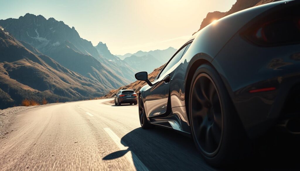 A high-performance sports car navigating a winding mountain road, set against a stunning backdrop of rugged peaks and lush valleys. In the foreground, the car is sharply focused, showcasing its sleek design and details like the tires gripping the asphalt. The middle ground features a challenging curve in the road, emphasizing the importance of cornering skills. The background reveals towering mountains with patches of snow, conveying altitude. The lighting is bright and crisp, suggesting a clear day, with the sun casting dynamic shadows that enhance the depth of the scene. The atmosphere is exhilarating and adventurous, reflecting the excitement of professional driving training in mountainous terrain.