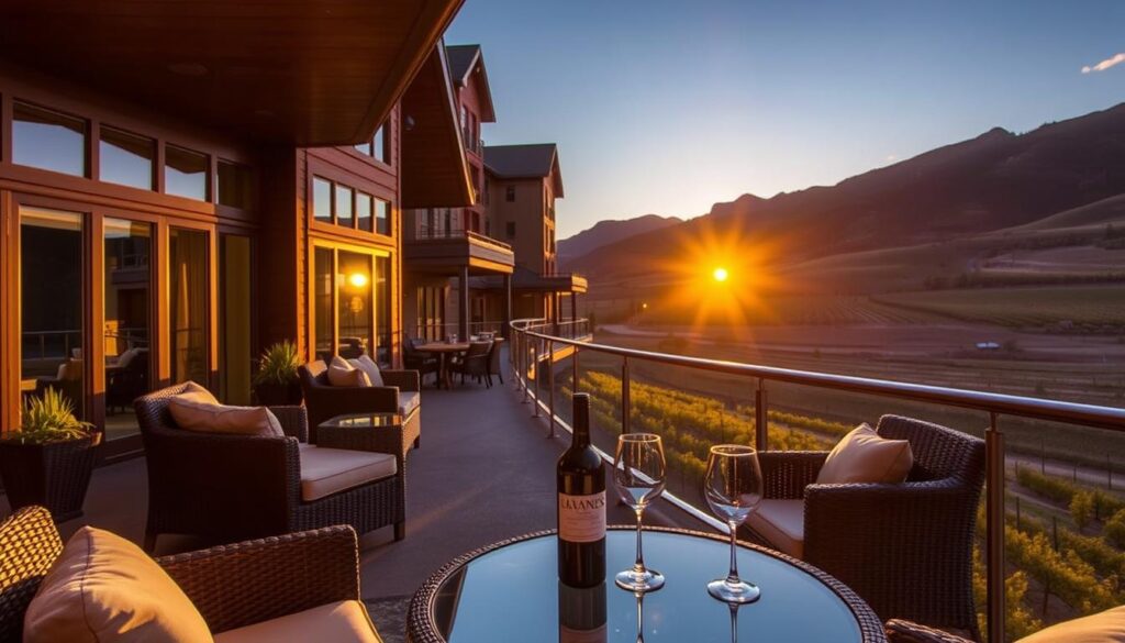 A luxurious Colorado hotel nestled in the scenic high country, featuring a spacious balcony adorned with comfortable wicker furniture and plush outdoor cushions. In the foreground, a beautifully arranged table with an elegant wine bottle and glasses, set against a backdrop of stunning mountain vistas. The middle ground showcases the hotel's stunning architecture, with large windows reflecting the vibrant colors of a setting sun casting a warm golden hue over the scene. In the background, rolling hills of vineyards stretch toward the horizon, framed by majestic peaks and a clear blue sky. Soft, inviting lighting enhances the serene atmosphere, evoking a sense of relaxation and luxury, perfect for a spa retreat or wine country exploration. The scene captures the essence of high-end hospitality in a breathtaking natural environment.