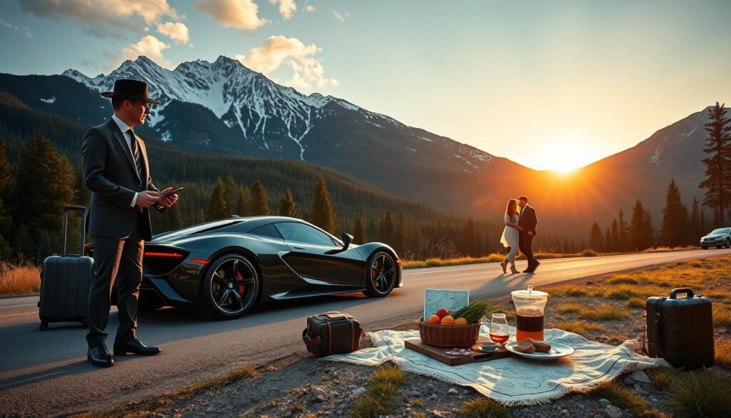 A luxurious Colorado landscape featuring a stylish exotic car parked on a scenic mountain road, surrounded by lush green forests and majestic snow-capped peaks. In the foreground, a well-dressed concierge in professional attire is assisting a couple with their luggage, showcasing a seamless luxury travel experience. The middle ground captures a small picnic setup with gourmet snacks and a map, depicting navigation services. The background lights up with a golden sunset, casting a warm glow over the scene. Use a wide-angle lens to emphasize the grandeur of the landscape and the elegance of the car. The mood is sophisticated and serene, highlighting the plush, relaxing atmosphere of upscale travel in Colorado.