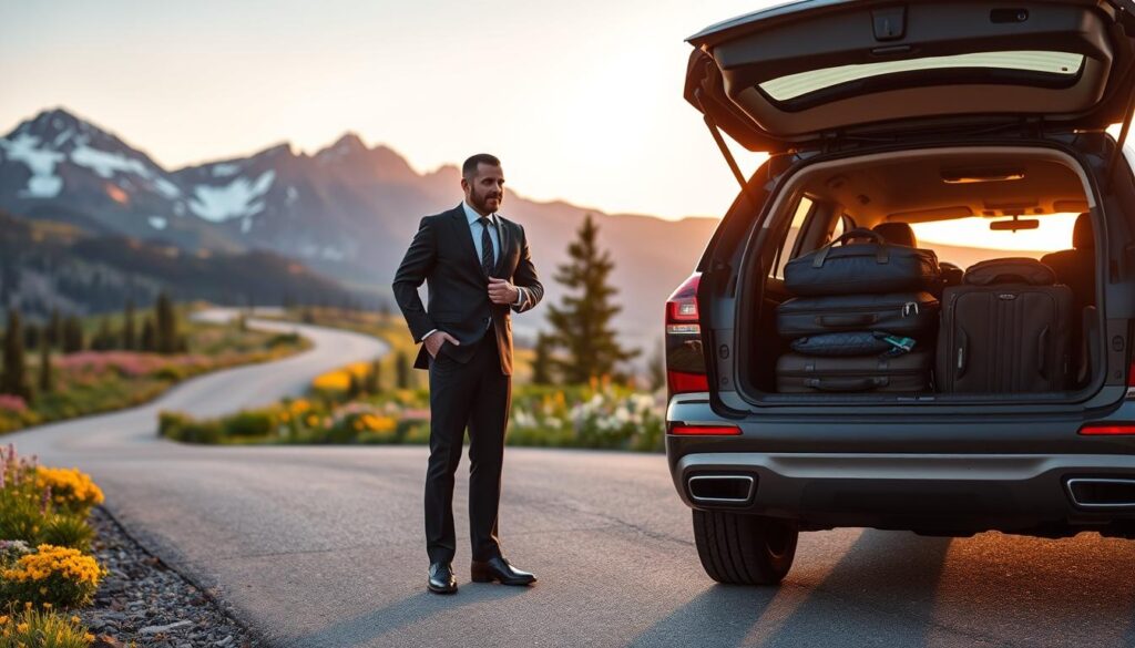 A luxurious mountain concierge service scene on Trail Ridge Road during golden hour. In the foreground, an elegant concierge in a well-tailored suit stands beside a premium SUV, opening the rear hatch to reveal expertly arranged luggage. The middle ground features a winding road with breathtaking views of the Rocky Mountains, dotted with vibrant wildflowers and lush greenery. In the background, majestic peaks bathed in warm sunset hues add depth to the scene. The lighting is soft and inviting, enhancing the luxurious atmosphere. Use a slight telephoto lens effect to focus on the concierge and the vehicle while softly blurring the distant mountains, creating a sense of exclusivity and sophistication. The overall mood is serene, upscale, and welcoming, perfect for conveying a premium driving experience.