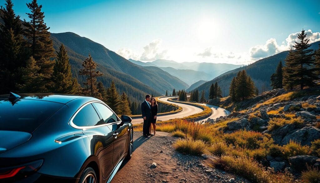 A luxurious mountain road weaving through the magnificent Colorado Rockies, flanked by majestic evergreen trees. In the foreground, a sleek luxury car, elegantly parked on a scenic overlook, showcases the vehicle's polished surfaces reflecting the soft golden light of sunset. Two professional concierge staff members in business attire engage with a couple, gesturing toward a gourmet picnic setup nearby, complete with fine dining elements and a picturesque view. The middle layer features a winding road, bordered by wildflowers and rocky outcrops, leading to a distant mountain range under a clear blue sky. In the background, fluffy white clouds drift lazily, enhancing the serene and upscale atmosphere. The composition conveys a sense of adventure, luxury, and meticulous planning, ideal for discerning travelers seeking memorable driving experiences.