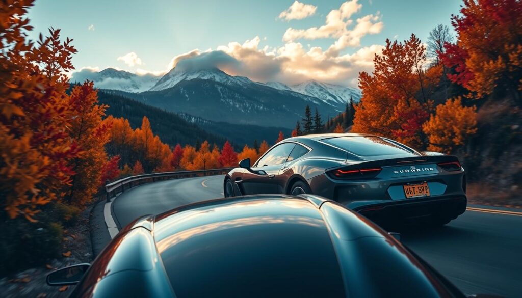 A luxurious sports car gracefully navigates a winding mountain road in Colorado, surrounded by breathtaking fall foliage. In the foreground, the polished vehicle gleams under soft golden hour lighting, accentuating its sleek lines and reflective surfaces. In the middle ground, the vibrant hues of red, orange, and yellow leaves frame the car, while a distant view of majestic snow-capped peaks looms in the background, partially shrouded in wispy clouds. The scene captures a tranquil autumn atmosphere, evoking a sense of adventure and elegance. The image is shot at a low angle, emphasizing the car's dynamic presence against the captivating natural landscape, ensuring a focus on luxury driving while suggesting seasonal adjustments and safety for the journey.