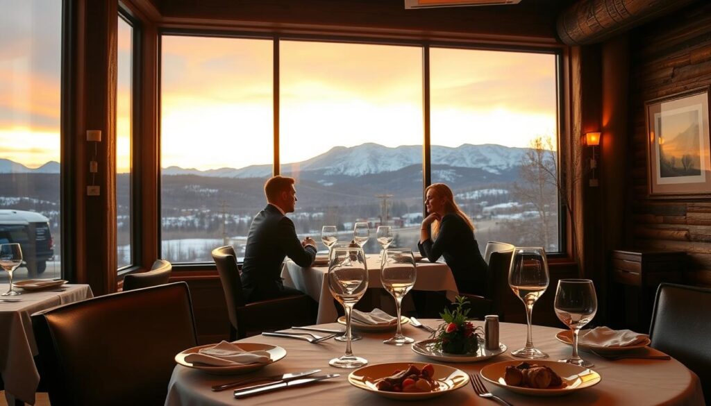 A picturesque fine dining scene set against the majestic backdrop of the Colorado mountains, with a rustic yet elegant restaurant featuring large windows that frame the breathtaking views. In the foreground, a beautifully set table adorned with crisp white linen, fine china, and sparkling crystal glassware, showcasing gourmet dishes meticulously plated. In the middle ground, a well-dressed couple enjoying a romantic dinner, dressed in professional business attire, exuding sophistication and warmth. The warm golden glow of ambient lighting creates an inviting atmosphere, enhancing the rich wooden decor and tasteful art on the walls. In the background, the stunning silhouette of snow-capped mountains under a pastel sky at sunset, evoking a sense of luxury and tranquility, with valet parking visible outside the restaurant entrance.