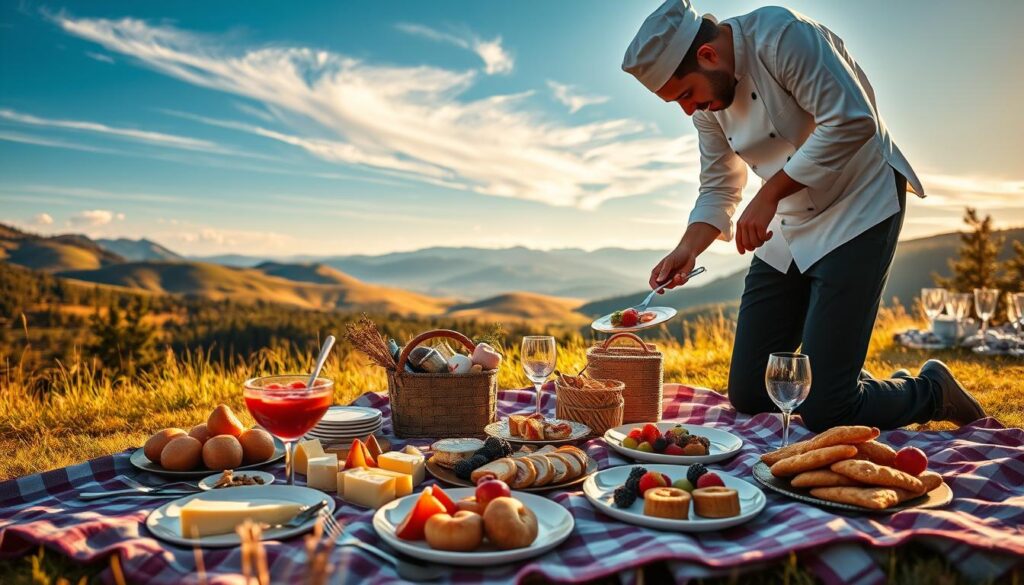 A picturesque private chef picnic experience set against a stunning Colorado overlook. In the foreground, a beautifully laid picnic blanket adorned with elegant tableware and gourmet dishes, featuring artisanal cheeses, fresh fruits, and exquisite pastries. A skilled chef, dressed in a crisp white chef's jacket and black pants, artfully plates a colorful dish, showcasing creativity and attention to detail. The middle ground reveals lush, rolling hills and a sweeping view of a mountain range, bathed in warm golden sunlight, suggesting a late afternoon ambiance. In the background, wispy clouds float across a clear blue sky, enhancing the serene atmosphere. The scene captures a sense of luxury and tranquility, perfect for intimate outdoor dining. The image should have soft, natural lighting and a shallow depth of field, focusing on the picnic setup while gently blurring the distant landscape to emphasize the luxurious experience.