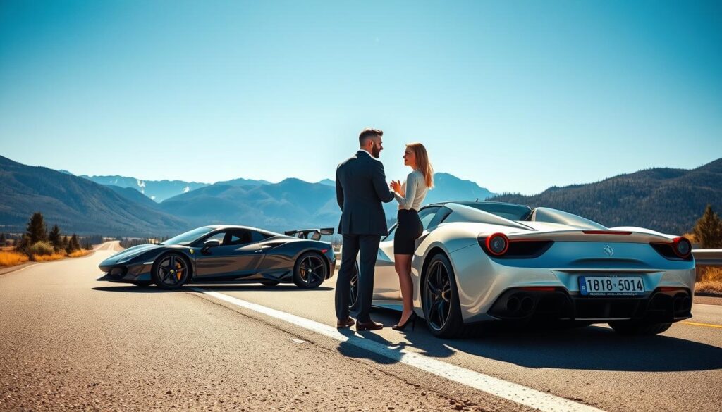 A pristine luxury roadside assistance scene featuring a sleek, high-end exotic car, like a Lamborghini or Ferrari, parked on the side of a picturesque Colorado highway. In the foreground, a professional-looking male and female concierge in business attire are engaging with the car owner, showcasing exceptional service with an air of sophistication. The middle section includes a stylish roadside assistance vehicle with a refined logo, subtly indicating premium service. The background reveals a stunning Colorado landscape with majestic mountains and a clear blue sky, creating a serene and exclusive atmosphere. The lighting is warm and inviting, perfect for a sunlit day. The composition is captured from a low angle to emphasize the luxury vehicles and the professionalism of the service, conveying a mood of elegance and comfort in an emergency situation.