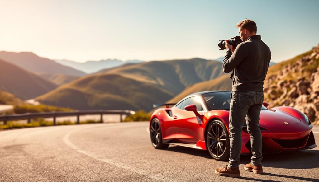 A professional car photographer, dressed in casual yet polished attire, stands confidently on a winding mountain byway, capturing stunning automotive shots. In the foreground, a sleek, vibrant sports car is perfectly positioned, showcasing its design and elegance. The photographer focuses intently, using a high-end DSLR camera with a wide-angle lens, adjusting the settings to capture the crisp sunlight illuminating the beautiful metallic finish of the car. In the middle ground, a breathtaking vista of the Rocky Mountains unfolds, with rolling green hills and a clear blue sky, creating a picturesque backdrop. The atmosphere is dynamic and inspiring, evoking a sense of adventure and passion for automotive photography. The scene is bathed in warm, natural lighting, emphasizing the beauty of both the car and the landscape.