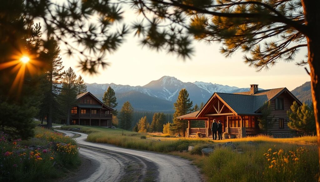 A scenic view of a cozy mountain lodge, nestled among lush pine trees in the foothills of the Rocky Mountains, during golden hour with warm sunlight filtering through the leaves. In the foreground, a winding dirt road leads to the lodge, framed by colorful wildflowers. The middle ground showcases the lodge with its rustic wooden architecture, inviting porch, and warmly lit windows. In the background, majestic snow-capped peaks rise against a pastel sky, hinting at adventure. A couple in professional business attire stands at the entrance of the lodge, gazing out at the breathtaking landscape, embodying relaxation and excitement. The mood is serene and inspiring, capturing the essence of a perfect overnight stop on a luxurious multi-day road trip. The image is shot with a soft focus lens, enhancing the enchanting atmosphere.