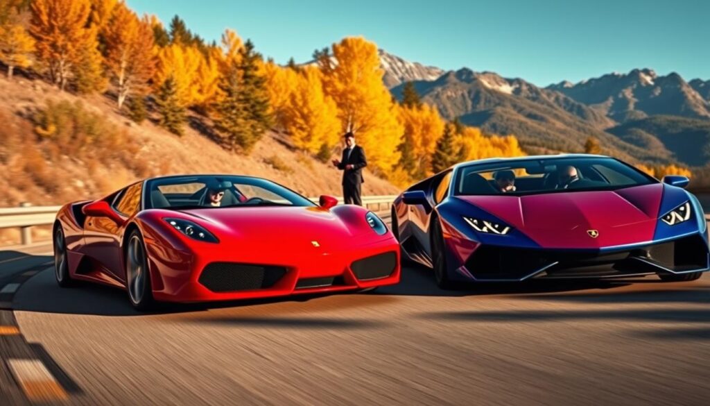 A scenic view of luxury sports cars driving on a winding mountainous road in Colorado, showcasing vibrant autumn foliage. In the foreground, two high-end vehicles—one a sleek red Ferrari and the other a powerful blue Lamborghini—speed along the asphalt, their polished exteriors gleaming in the soft afternoon sunlight. In the middle ground, a well-dressed couple in professional attire are admiring the cars, exuding excitement and sophistication. In the background, the majestic Rocky Mountains tower under a clear blue sky, casting long shadows on the road. The composition should have a dynamic angle, capturing the motion of the cars, with warm, natural lighting that enhances the colors and creates a sense of adventure and luxury.