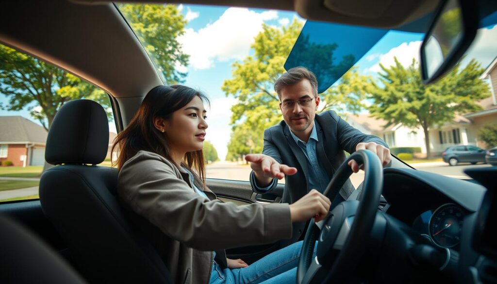A serene suburban setting showcases a teenager in a modest casual outfit, sitting in the driver's seat of a car, with a parent beside them, offering guidance. The parent, dressed in professional business casual attire, points towards the dashboard as they discuss driving techniques. In the foreground, the car's steering wheel and dashboard are visible, emphasizing the context of supervised driving. The middle ground features a residential street, lined with lush green trees and inviting homes, creating a warm and supportive atmosphere. The background includes a clear blue sky with a few fluffy clouds, enhancing the feeling of a peaceful afternoon. The lighting is soft and natural, evoking a sense of safety and trust during this pivotal learning moment. The angle is slightly above eye level, capturing the focused expressions of both the teenager and the parent as they engage in this important learning experience. A serene suburban setting showcases a teenager in a modest casual outfit, sitting in the driver's seat of a car, with a parent beside them, offering guidance. The parent, dressed in professional business casual attire, points towards the dashboard as they discuss driving techniques. In the foreground, the car's steering wheel and dashboard are visible, emphasizing the context of supervised driving. The middle ground features a residential street, lined with lush green trees and inviting homes, creating a warm and supportive atmosphere. The background includes a clear blue sky with a few fluffy clouds, enhancing the feeling of a peaceful afternoon. The lighting is soft and natural, evoking a sense of safety and trust during this pivotal learning moment. The angle is slightly above eye level, capturing the focused expressions of both the teenager and the parent as they engage in this important learning experience.