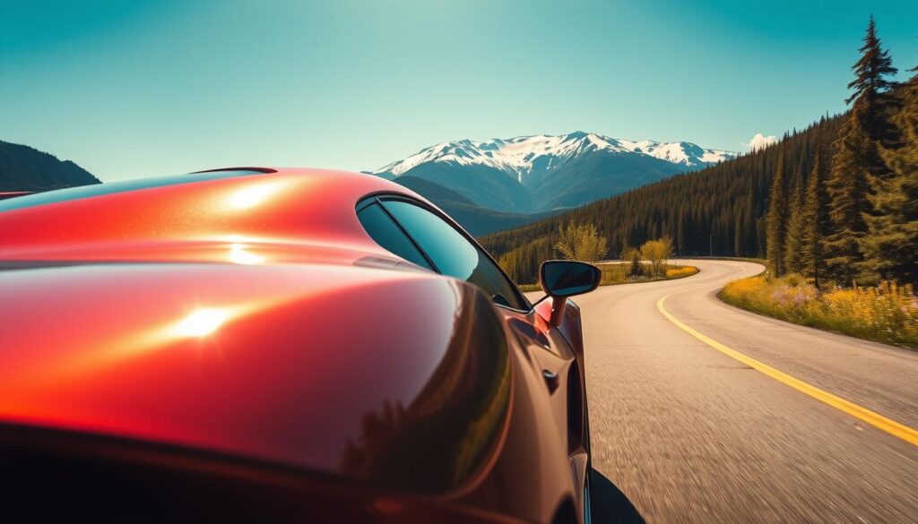 A sleek, high-end exotic car, like a Lamborghini or Ferrari, is gracefully navigating the winding curves of the scenic San Juan Skyway. The foreground captures the luxurious vehicle's polished, reflective surface, highlighting its aerodynamic design and vibrant color. In the middle ground, the road meanders through lush, verdant forests, accented by colorful wildflowers along the roadside, creating a sense of adventure. The background features majestic, snow-capped mountains under a clear blue sky, emphasizing the breathtaking landscape. The scene is bathed in warm, golden afternoon light, creating a vibrant and inviting atmosphere. The camera angle is low to the ground, capturing the car’s power and elegance while emphasizing the spectacular surroundings, evoking a feeling of freedom and luxury.