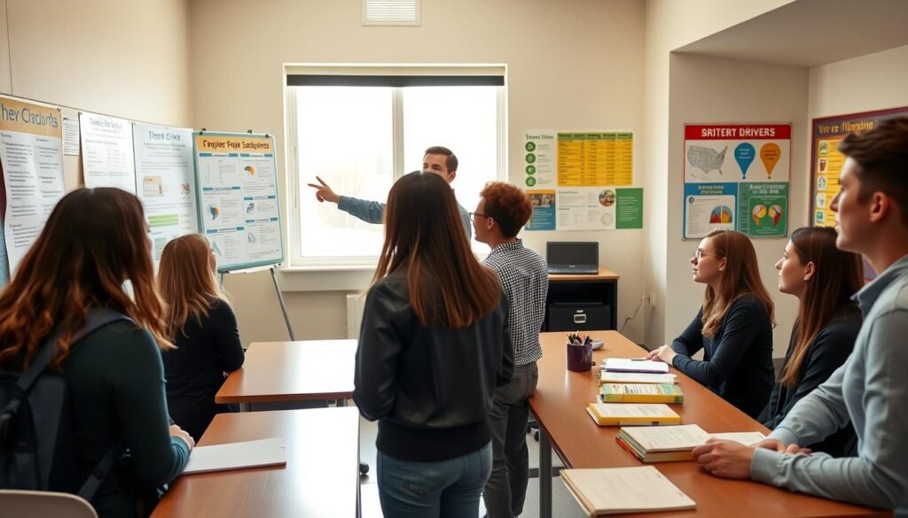 A spacious, well-lit classroom setting focused on teen driver education. In the foreground, a diverse group of three teenagers, all dressed in professional casual attire, attentively listening to a teacher standing at the front. The teacher, a middle-aged individual, points to a large wall chart displaying key driving statistics and safety tips. In the middle, a long classroom table is cluttered with textbooks, notebooks, and educational materials on driving regulations. Bright natural light streams in through large windows, creating a warm and inviting atmosphere. The background features colorful educational posters related to safe driving practices. The overall mood is engaged and focused, emphasizing the importance of the 30-hour classroom requirement for teen drivers. The image should be captured from a slightly elevated angle to encompass the entire classroom setting. A spacious, well-lit classroom setting focused on teen driver education. In the foreground, a diverse group of three teenagers, all dressed in professional casual attire, attentively listening to a teacher standing at the front. The teacher, a middle-aged individual, points to a large wall chart displaying key driving statistics and safety tips. In the middle, a long classroom table is cluttered with textbooks, notebooks, and educational materials on driving regulations. Bright natural light streams in through large windows, creating a warm and inviting atmosphere. The background features colorful educational posters related to safe driving practices. The overall mood is engaged and focused, emphasizing the importance of the 30-hour classroom requirement for teen drivers. The image should be captured from a slightly elevated angle to encompass the entire classroom setting.
