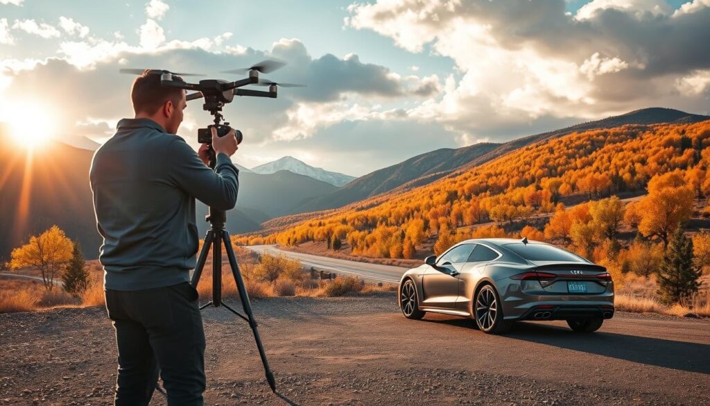 A stunning car photography scene set in the picturesque Colorado landscape, showcasing a sleek, modern vehicle parked against a backdrop of majestic mountains and vibrant autumn foliage. In the foreground, a professional photographer, dressed in smart casual attire, is capturing the shot with a high-end DSLR camera and a tripod, while a drone hovers above, ready to take aerial shots. The golden hour sunlight casts a warm glow, enhancing the car's curves and the natural scenery. In the middle ground, the road winds through the colorful trees, inviting viewers into the scenic drive experience. Dramatic clouds add depth to the sky, creating an atmosphere of adventure and excitement, ideal for an influencer showcasing auto photography tips. Focus on composition, angles, and the play of light to convey a sense of professionalism and artistry in car photography.