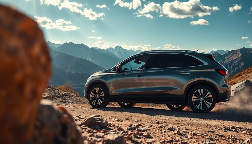 A stunning luxury SUV parked majestically on a rugged mountain trail, showcasing its sleek design and premium features. In the foreground, highlight the shiny metallic paint reflecting the vibrant colors of nature, accentuated by glints of sunlight. The middle ground features the SUV positioned on rocky terrain, with its polished alloy wheels partially covered in fine dust, hinting at adventure. In the background, capture a breathtaking view of sprawling mountain ranges under a bright blue sky, scattered with fluffy white clouds. The atmosphere is one of sophistication and exploration, inviting the viewer to imagine driving through Colorado's diverse landscapes. Use soft, warm lighting to enhance the luxurious feel of the scene, and a slight low-angle shot to emphasize the SUV's grandeur against the rugged backdrop.