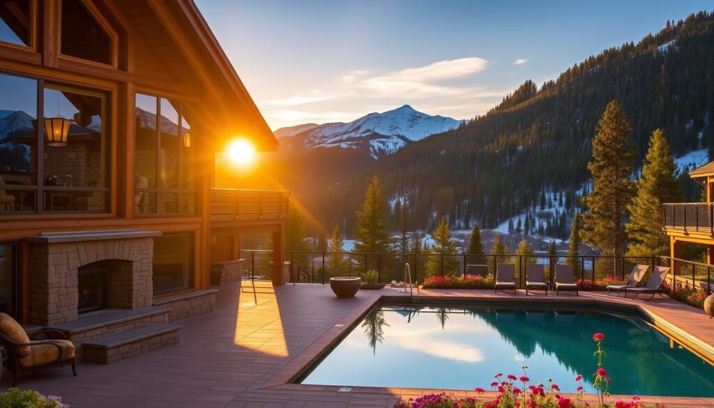 A stunning luxury lodge in Colorado, nestled amid majestic mountains and verdant pine forests. In the foreground, an elegant wooden cabin with large glass windows showcasing a cozy interior featuring a grand stone fireplace and plush furnishings. The middle ground features a beautifully landscaped outdoor area with a heated infinity pool reflecting the surrounding nature, complete with comfortable lounge chairs and vibrant flower gardens. The background boasts panoramic views of the snow-capped Rockies against a golden sunset, casting warm light across the scene. Soft, ambient lighting creates a tranquil and inviting atmosphere, inviting guests to unwind. The image captures a serene and opulent sense of escape, perfect for discerning travelers seeking luxurious experiences.