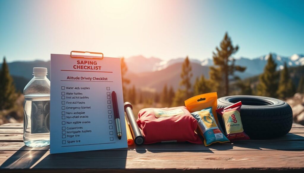 An organized and visually appealing altitude driving safety checklist, positioned on a wooden picnic table with a scenic mountain backdrop under a clear blue sky. In the foreground, the checklist, featuring neatly arranged bullet points, includes essential emergency supplies: water bottles, first aid kit, flashlight, emergency blanket, non-perishable snacks, and a spare tire. The middle area captures a sunlit environment with lush green trees and distant snow-capped mountains, symbolizing high-altitude adventures. Soft, natural lighting enhances the items, giving a warm and inviting feel to the scene. The angle should be slightly elevated, drawing attention to the checklist while capturing the stunning landscape. Overall, the mood conveys preparedness, tranquility, and the beauty of Colorado's outdoors.